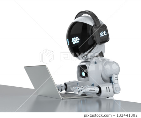 Cute and small 3d rendering artificial intelligence personal assistant robot with computer notebook 132441392