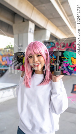 拿著滑板的年輕女子(AI 生成的圖像) 拿著滑板的年輕女子(AI 生成的圖像) 132441734