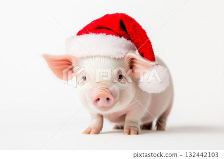 Pig wearing Santa Claus hat isolated on white background with copy space Pig wearing Santa Claus hat isolated on white background with copy space 132442103