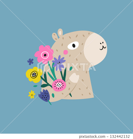 Cute Capybara with Flowers Colorful Vector Illustration for Kids Poster and Print. Cute Capybara with Flowers Colorful Vector Illustration for Kids Poster and Print. 132442132