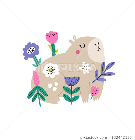 Cute Capybara with Flowers Colorful Vector Illustration for Kids Poster and Print Cute Capybara with Flowers Colorful Vector Illustration for Kids Poster and Print 132442133