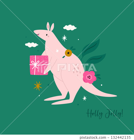 Cute Kangaroo Christmas Greeting Card, Adorable Australian Animal Holiday Illustration on Green Background Cute Kangaroo Christmas Greeting Card, Adorable Australian Animal Holiday Illustration on Green Background 132442135