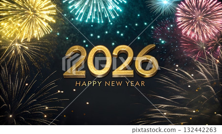 Celebrate a vibrant Happy New Year 2026 with dazzling fireworks and shimmering gold accents for festive party invitations and joyful seasonal greetings 132442263