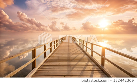 Stunning sunset over tranquil water with wooden pier leading to horizon, perfect for meditation retreats or serene travel destinations, promoting calm and escape 132442309