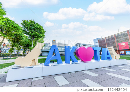 JR Akita Station and the "AKITA" monument in Akita City, Akita Prefecture 132442404