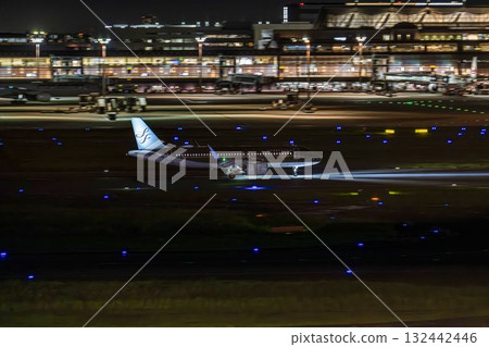 Haneda Airport at night, landing plane, Ota Ward, Tokyo 132442446