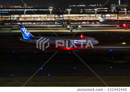 Haneda Airport at night, landing plane, Ota Ward, Tokyo 132442448