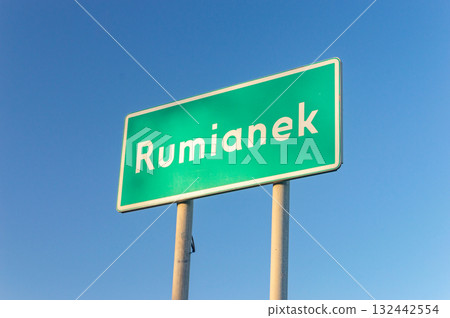 Entrance street sign to Polish village Rumianek. 132442554