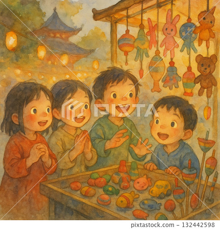 夜市廟會玩具攤前歡笑的孩童插畫 132442598