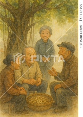 長輩們在樹下閒聊剝花生的懷舊插畫 132442599