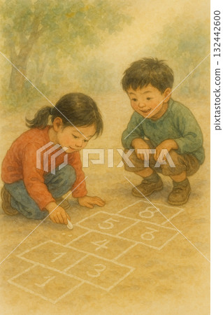 孩子們玩跳格子遊戲的童年水彩插畫 132442600