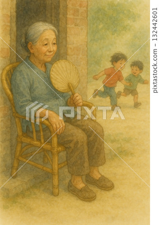 Illustration of an old lady enjoying the cool breeze on a summer afternoon and children playing 132442601