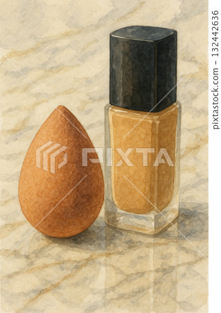粉底液與美妝蛋化妝用品水彩插畫 132442636