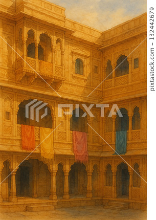 午後陽光下的印度內院 132442679