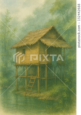 熱帶雨林中的高腳屋 132442688