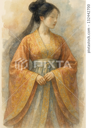 古典仕女水彩插畫 中式傳統服飾藝術風格 132442700