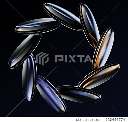 Neon glass ring of transparent round discs with blue gold gradient glow, light effect. Bright circular frame on black 3d background. Luminous crystal border for futuristic tech design. 3D illustration Neon glass ring of transparent round discs with blue gold gradient glow, light effect. Bright circular frame on black 3d background. Luminous crystal border for futuristic tech design. 3D illustration 132442774