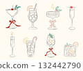 Whimsical Christmas cocktails with festive ribbons, citrus garnishes, and champagne flutes. Cozy hand-drawn drinks for holiday party and winter celebration. Vector illustration. 132442790