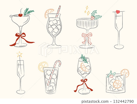 Whimsical Christmas cocktails with festive ribbons, citrus garnishes, and champagne flutes. Cozy hand-drawn drinks for holiday party and winter celebration. Vector illustration. 132442790