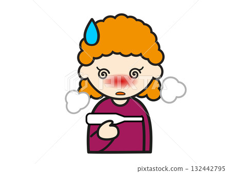 Redheaded Caucasian girl with fever holding a thermometer 132442795