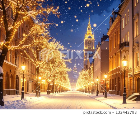 Winter illuminations shining cityscape Light particles spreading in the night sky Background material 132442798