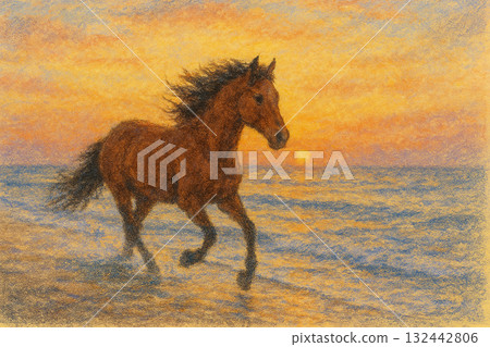 Horses running along the beach at sunrise 132442806