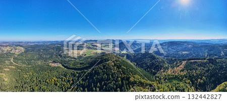 Aerial panoramic view of forested hills, green valley and mountains on sunny day. Concept of nature landscape and travel destination 132442827