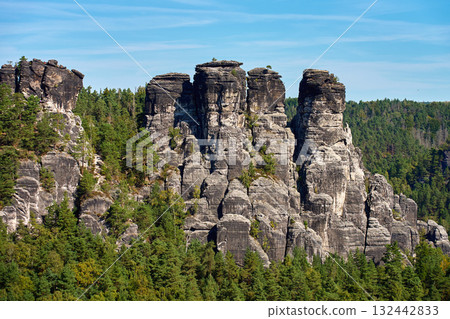 Panoramic view of sandstone cliffs and green forest under clear blue sky in Saxon Switzerland National Park, Germany. Natural landscape 132442833