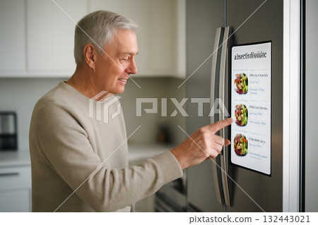 AI generated elderly man in a tech-equipped kitchen interacting with a smart refrigerator that suggests healthy meal options promoting healthy lifestyle choices for seniors AI generated elderly man in a tech-equipped kitchen interacting with a smart refrigerator that suggests healthy meal options promoting healthy lifestyle choices for seniors 132443021