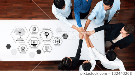 Collaborative Teamwork on Artificial Intelligence Strategy in Modern Office Space with Diverse Professionals Executing Goals and Ideas Trope 132443268