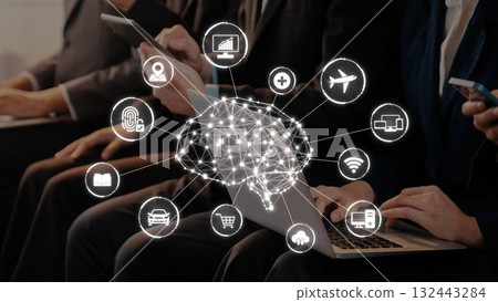 Abstract concept of artificial intelligence connected to digital devices, showcasing network connections, data analysis, and technological communication in modern life.. Raster 132443284