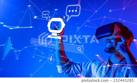Young man wearing virtual reality headset interacting with digital translation interface and futuristic technology, exploring new communication methods and experiences. Raster Young man wearing virtual reality headset interacting with digital translation interface and futuristic technology, exploring new communication methods and experiences. Raster 132443285