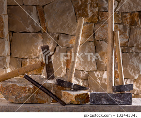 Hammer tools of stonecutter masonry work 132443343