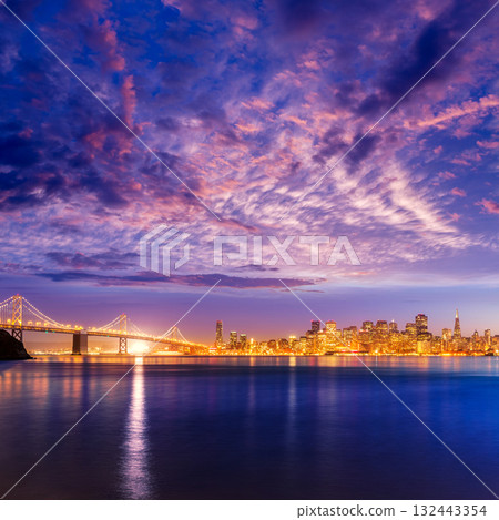 San Francisco sunset skyline California bay water reflection 132443354