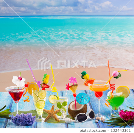 Colorful many tropical Cocktails in tropical blue wood Colorful many tropical Cocktails in tropical blue wood 132443361