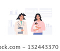 Young mother with newborn baby at clinic appointment with pediatrician or midwife. Early postnatal care and health check. Flat Style Vector Illustration. 132443370