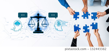 Collaborative Problem Solving in Legal Framework with Puzzle Pieces and Scales of Justice Representing Balance and Insight in Modern Society Trope Collaborative Problem Solving in Legal Framework with Puzzle Pieces and Scales of Justice Representing Balance and Insight in Modern Society Trope 132443382