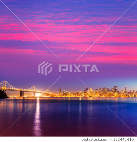 San Francisco sunset skyline California bay water reflection 132443410