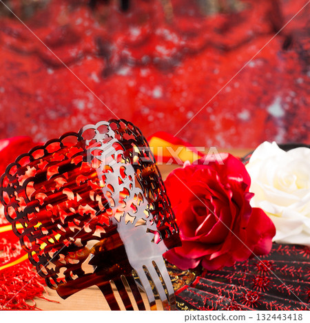 Flamenco comb fan and roses typical from Spain Espana Flamenco comb fan and roses typical from Spain Espana 132443418