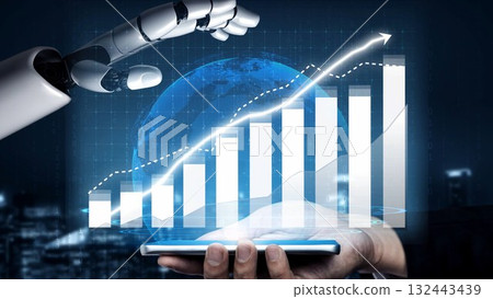 Futuristic robotic hand reaching out towards smartphone, displaying digital growth chart representing advanced technology and innovation in data analysis Copula Futuristic robotic hand reaching out towards smartphone, displaying digital growth chart representing advanced technology and innovation in data analysis Copula 132443439