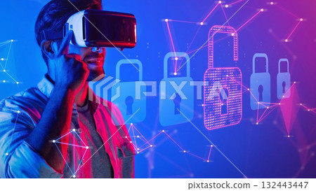 Young Man Using Virtual Reality Headset in Front of Digital Lock Symbols with Neon Background Representing Cybersecurity and Technology Concept. Raster 132443447