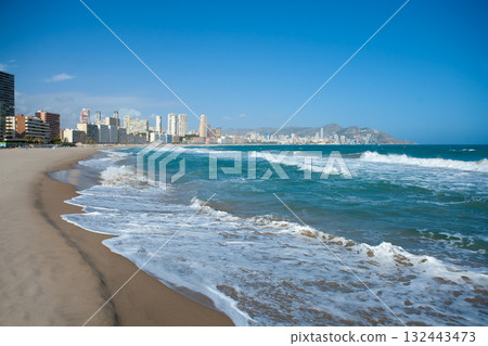 Benidorm Alicante beach buildings and Mediterranean Benidorm Alicante beach buildings and Mediterranean 132443473