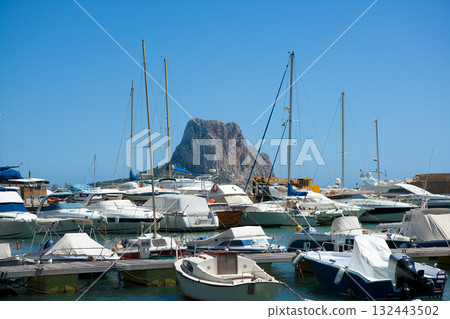 Calpe Alicante marina boats with Penon de Ifach Calpe Alicante marina boats with Penon de Ifach 132443502