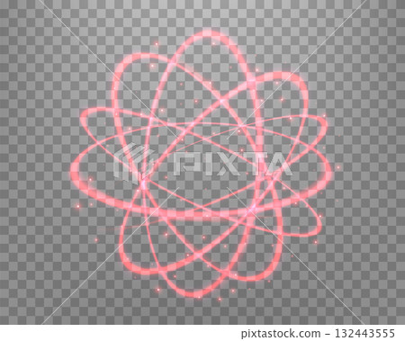 Atom particle, light effect glowing red magic rings. Neon realistic energy swirl. Abstract light effect on a transparent background. Vector illustration. 132443555