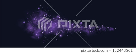 Purple glittering dots, particles, stars, magic sparks with smoke. Glow flare light effect. Purple luminous points in fog. Vector particles on transparent background. 132443561