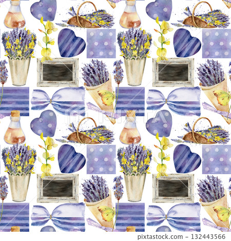 Lavender trug basket bouquet, essential oil sachet bag, striped and dotted fabric cuts, rustic heart shapes, frames chalkboard sign, Hand drawn in watercolor, Provence patchwork seamless pattern. Lavender trug basket bouquet, essential oil sachet bag, striped and dotted fabric cuts, rustic heart shapes, frames chalkboard sign, Hand drawn in watercolor, Provence patchwork seamless pattern. 132443566