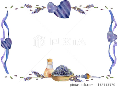 Bowl of lavender seeds, hearts, essential oil glass vial, pipette dropper, streaming serpentine ribbons. Isolated illustration hand drawn in watercolor. Handmade balm kits, skincare eco rustic label. 132443570