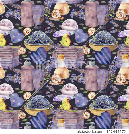 Lavender essential oil, cosmetic bottles, bath bombs, towels. Butterflies and snails. Hand drawn in watercolor, seamless pattern isolated on dark. Skincare decor, aromatherapy product wrap, planners. Lavender essential oil, cosmetic bottles, bath bombs, towels. Butterflies and snails. Hand drawn in watercolor, seamless pattern isolated on dark. Skincare decor, aromatherapy product wrap, planners. 132443572