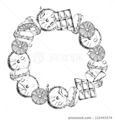 Cream-filled macaron biscuits and whoopie pies with juicy orange slices, mousse meringue buns topped with cocoa and chocolate bonbons. Hand drawn vector ink wreath. Cafe signage, artisanal menu art. 132443574