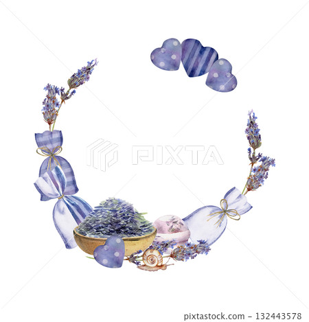 Lavender flowers, spa seeds in clay bowl, bath bomb, heart shapes and sachet bags. Isolated wreath frame illustration hand drawn in watercolor. Skincare branding, cosmetic tag, herbal wellness design. 132443578